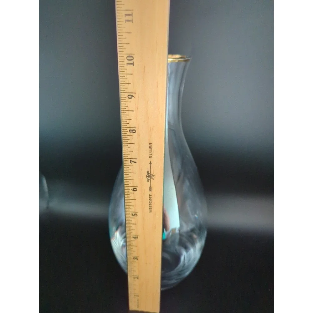 Clear Art Glass Carafe Vase Iridescent Gold Rim Bulbous Mid Century Modern Vtg